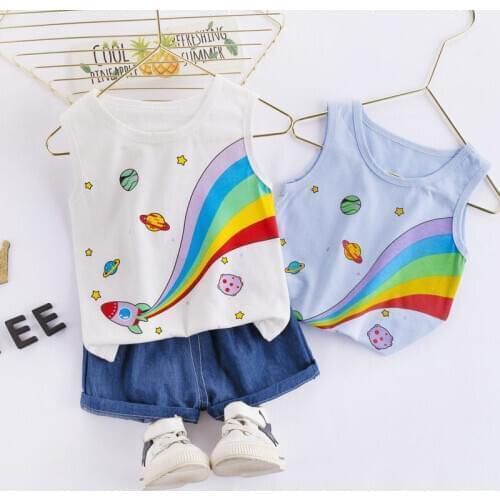 Children Cotton Baby Boys Girls Clothes Summer Print Cartoon rainbow Vest Shorts 2Pcs/sets Infant Kid Fashion Toddler Tracksuits