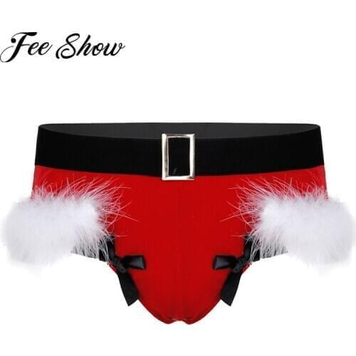 Gay Men Soft Velvet Thong Briefs Lingerie Sissy Panties Christmas Shorts Elastic Waistband Feather Trimming Underwear Underpants