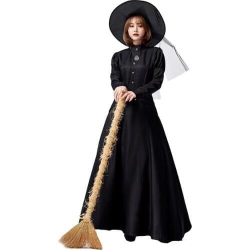 Gothic Women Magic Robe Cosplay Female Halloween Black Witch Costume Carnival Purim Parade Stage Show Role Play Party Long Dress