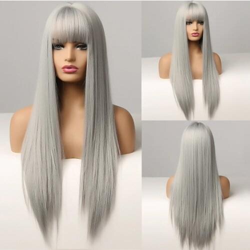 HAIRJOY Synthetic Hair High Temperature Fiber Long Straight Wigs for Women Purple Gray Green Cosplay with Neat Bangs
