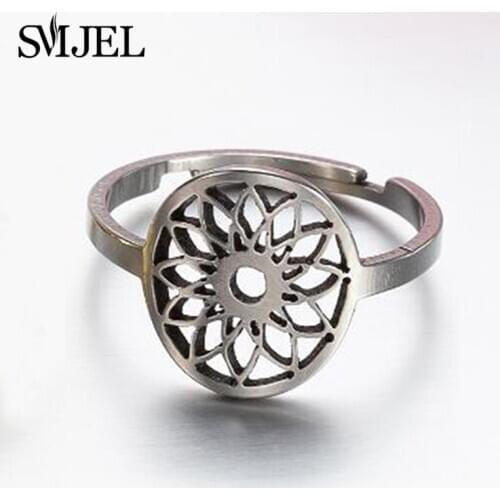 Stainless Steel Chakra Mandala Flower Rings For Women Boho Vintage Jewelry Ethnic Dreamcatcher Shape Ring Adjustable Gift Friend