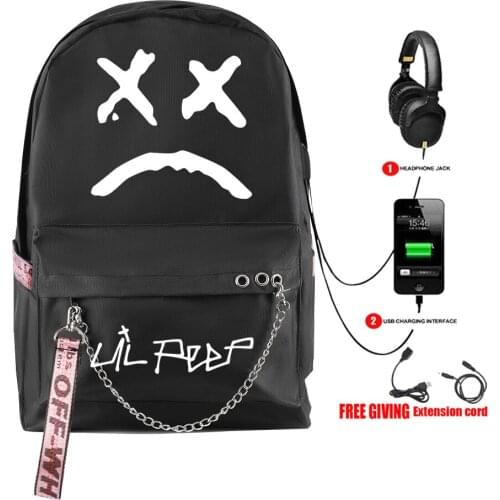 Trendy Popular Lil Peep Black Backpack for School Teenagers Girls Student Waterproof Canvas Bags USB Laptop Travel Backpacks
