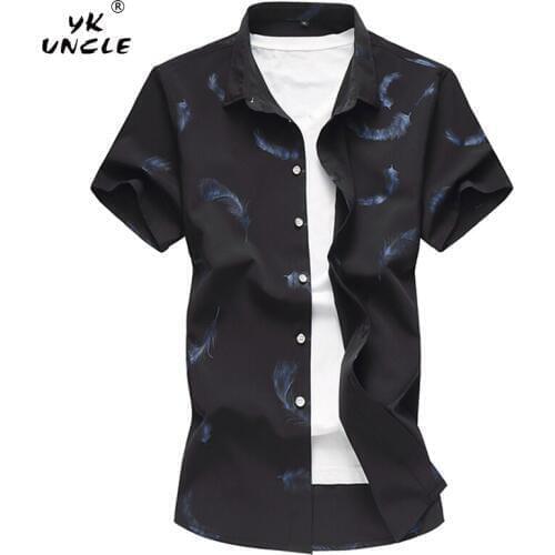 YK UNCLE Brand New European Business Casual Mens Short Sleeved Shirts Fashion Luxury Feathers Printing Male Shirts Good Quality
