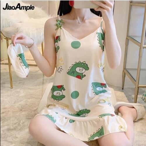 2021 New Sling Nightdress Summer Cute with Chest Pad Sexy Lingerie Pajamas Girl Cartoon Plus Size Sleepwear Women Home Clothes