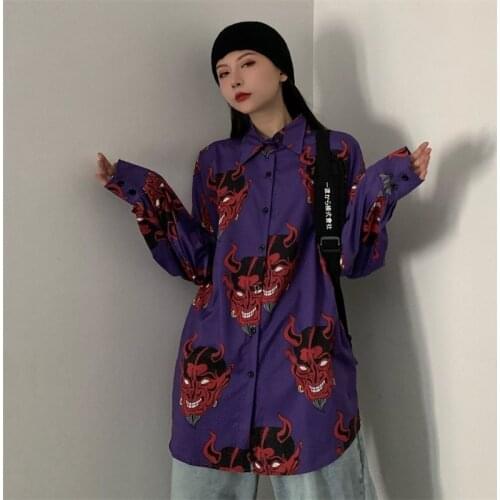 2020 autumn new Japanese printed shirt Harajuku style loose vintage casual top blouse trend