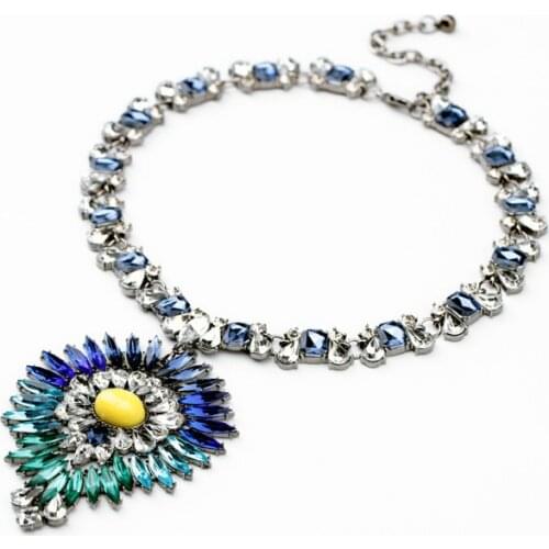 Bulk Price Handcraft Dress Match 2014 Best Seller Glass Zinc Alloy Glass Stone Chain Blue Marquise Flashing Pendant Necklace
