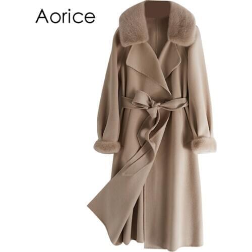 Aorice Women Winter Wool Blends Coat Jacket With Real Mink Fur Collar Overcoats Jackets Trench Z20119