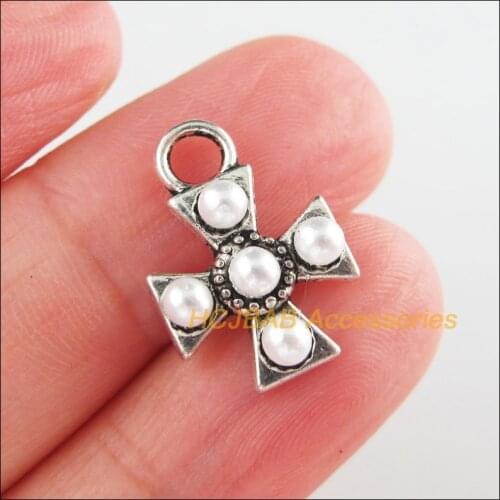15Pcs Tibetan Silver Tone Retro Cross White Acrylic Charms Pendants 12.5x18mm