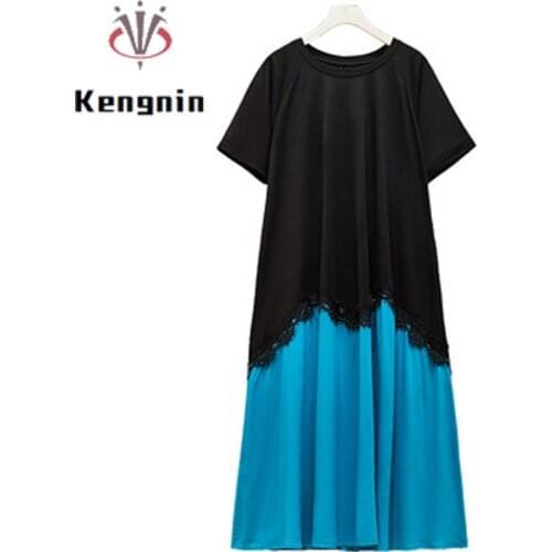Casual Womens Dresses 2021 Summer Women Dress Plus Size 4XL Midi Dress Patchwork Color Lace Female Black Robe Dreses KE1395