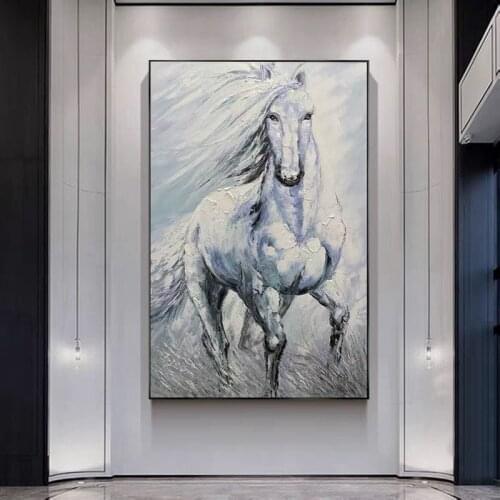 Pure Hand Painted High Quality Modern Animal White Horse Oil Painting on Canvas Textured Knife White Horse Oil Painting