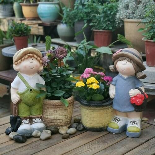 Garden cartoon characters flower pot ornaments outdoor interesting design decor bonsai sculpture love boy and girl gift CL31504