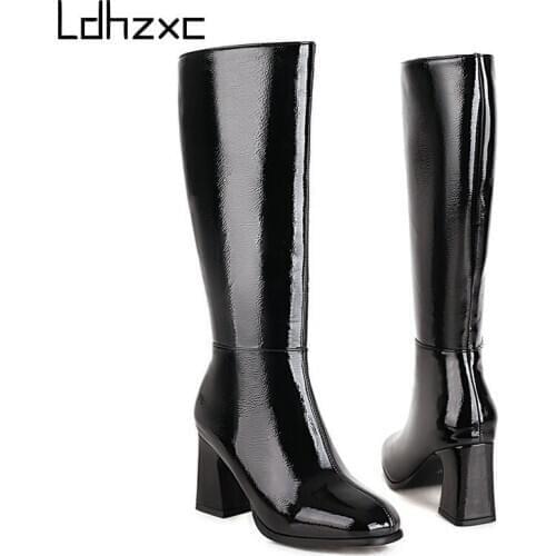 LDHZXC Black Knee High Boots Autumn Square High Heels Female Round Toe PU Leather Boots Ladies Casual Shoes Woman Boots