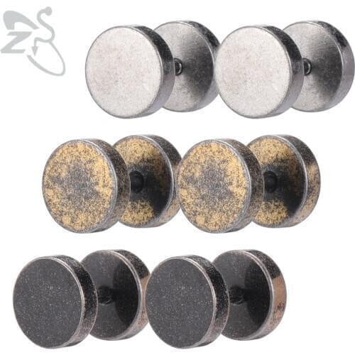 ZS Punk Rock Round Studs Earrings For Men Women Stainless Steel Fake Ear Plugs Unisex CZ Ear Studs Boys' Ear Piercing Jewelry
