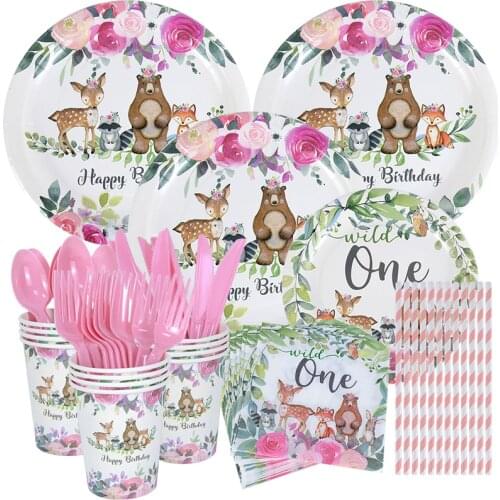 Baby Girls 1St First Birthday Party Decorations Wild One Forest Animals Theme Party Tableware Dispossable Pink Dinner Plates 8