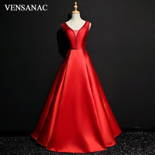 VENSANAC 2018 Illusion Crystal V Neck Satin A Line Long Evening Dresses Elegant Party Lace Sash Backless Prom Gowns