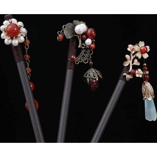 Chinese Style Ancient Costume Hairpin Wooden Imitation Jade Flower Step Rocking Wooden Hair Fork Girl Hanfu Headdress