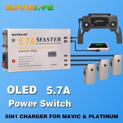 5 in1 Charger for Battery &Controller&Smartphone& Tablet 5.7A Large Current Charger with OLED Display for MAVIC & PLATINUM