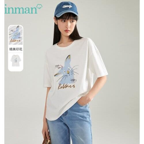 INMAN Summer Autumn T-Shirt Women Round Collar Cute Rabbit Printing Letter Embroidery Loose Dropped Shoulder Top