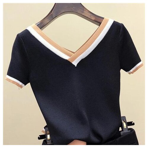 V-neck Black Girl Summer beauty Thin Office Lady Cloth Women T-shirts Knitting Crop Short Sleeve Stretchy T-shirt Ice silk Tops