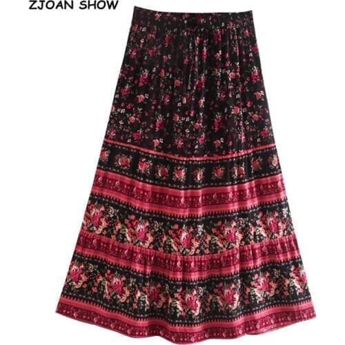 Bohemian Flower Print Long Skirt Stitching Ruched Ruffle Hem Hippie Women Adjust Stream Waist Swing Skirts Holiday Beach
