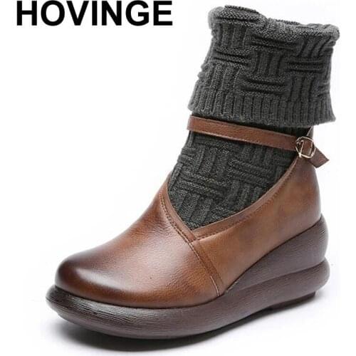 HOVINGE New Winter Stitching Woolen Top Cowhide Leather Boots Women Boots Handmade Snow Boots Flat Wedges Women Shoes Fashion