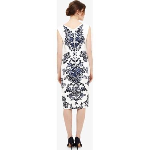 Fashion Women Ruwnay Summer Sleeveless V-Neck Porcelain Print Midi Split Party Holiday Slim Elegant Dress