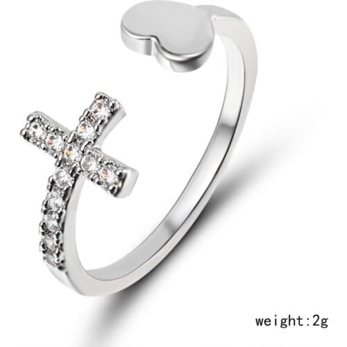 1PC Ring Silver Color Alloy Channel Setting Rhinestone Cross Heart Irregular Adjustable Opening Ring Fashion Jewelry Gift 2021