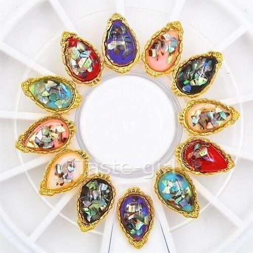 12 pcs metal drop shape Golden edge Glitter shell rhinestones 3D Nail Decoration Manicure Wheel nails jewelry accessoires tools