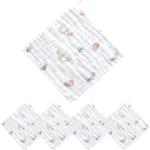 5Pcs 6-Layers Muslin Cotton Baby Washcloth Cartoon Animal Fruit Face Towel Wipes 24BE
