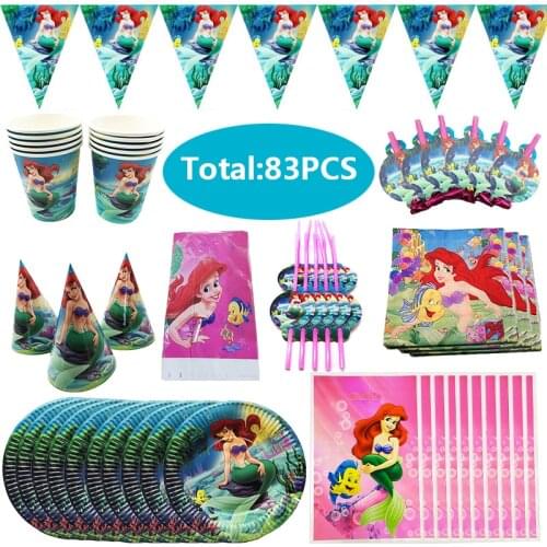 83PCS Mermaid Ariel Party Decorations Diseny Princess Party Supplies Mermaid Birthday Disposable Tableware Kit Girl Balloons