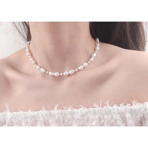 9mm 4mm white Natural pearl gold bead mixed necklace gold clasp extend chain freshwater pearl Woman Jewelry 35cm 43cm 14'' 17