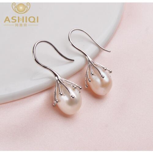 ASHIQI Natural Baroque Pearl Earrings 925 Sterling Silver Drop Earrings For Women Luxury 10-11mm Fresh Water Pearl Jewelry