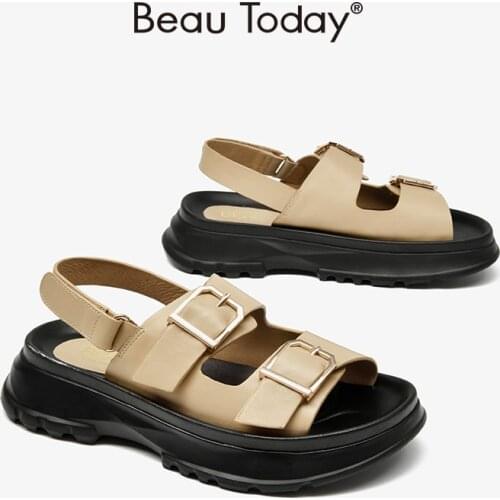BeauToday Chunky Sandals Women Synthetic Leather Round Toe Platform Hook Loop Back Strap Metal Decoration Female Shoes 34511