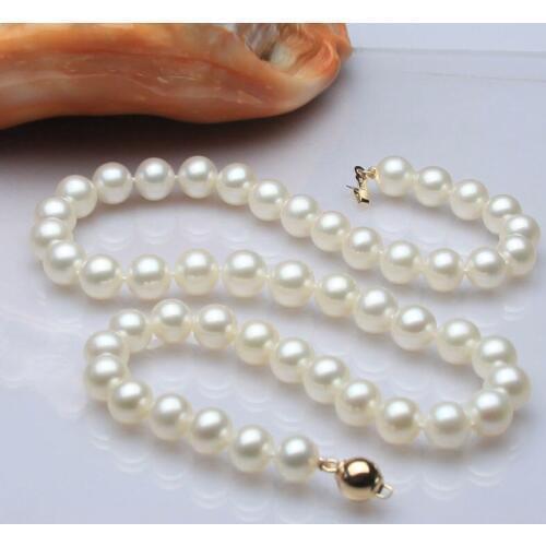Free shipping@@@@@ A>ss144 2015 genuine AAA++ 9-10mm white cultured pearl necklace 17"/585 gold 6.07