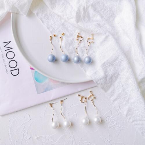 Long Simple Spiral Twine Curve Clip on Earrings No Ear Hole Imitation Blue Big Pearls Clip Earrings without Piercing for Women