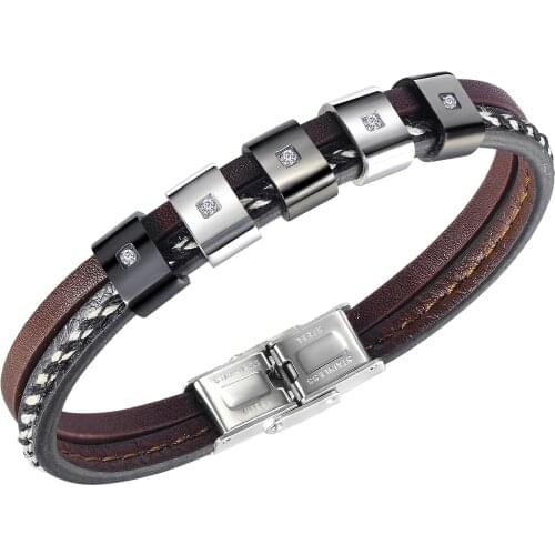 Cyue European Men Boy Punk Braided Multi-layer Leather Bracelet Pant Charm With CZ Stainless Steel Button Wristband Jewelry