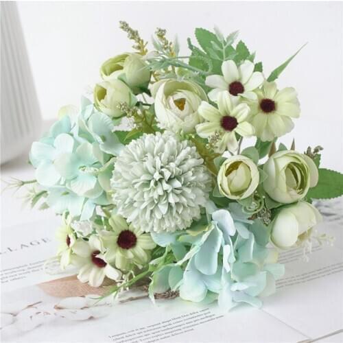 Hydrangea Flowers Artificial Bouquet Flores Silk Fake Peony Bridal Hand Flower Roses Wedding Decoration