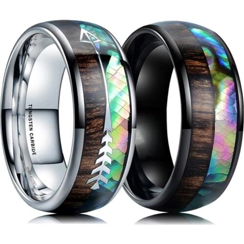 8mm Silvery Black Tungsten Carbide Rings for Men Women Koa Wood Abalone Shell Deer Antler Arrow Inlay Ring Men Wedding Band