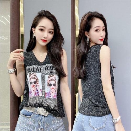 2021 Summer Women Knitting Vest Rhinestones T Shirts loose V Neck vest