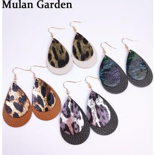 M&G 4 Patterns Multilayer Glitter Genuine Leather Earring Water Drop Leopard Earring Fashion Simple Women Accessories Party Gift