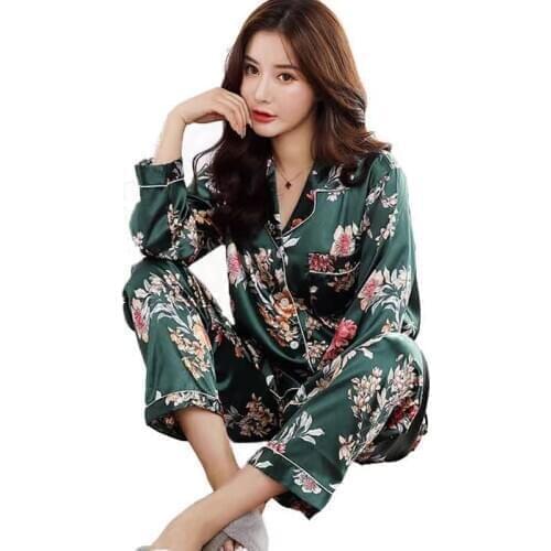 Fashion Sexy Satin Silk Pajamas for Womens Set pyjamas Button Pigiama Donna pjs Winter Mujer Pijama Sleepwear Nightwear 2Pcs ne