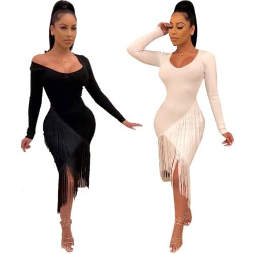 Fashion Women Sexy Solid Long Sleeve Tassel Bodycon Party Dress Black White