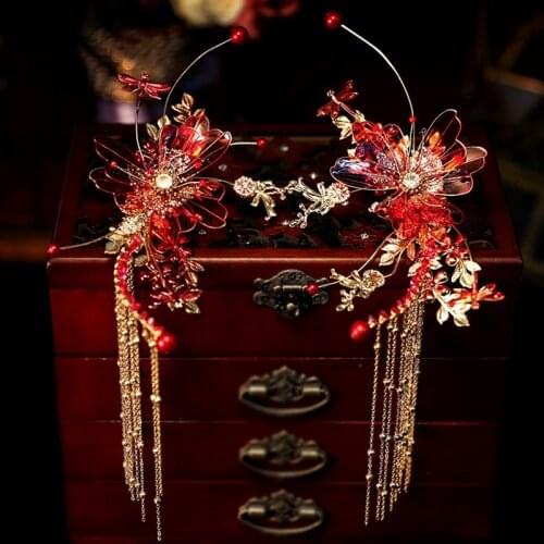 Chinese New Style Red Liquid Flower Handmade Bridal Barrettes Chinese Dragon and Phoenix Gown Wedding Costume Hair Accessories