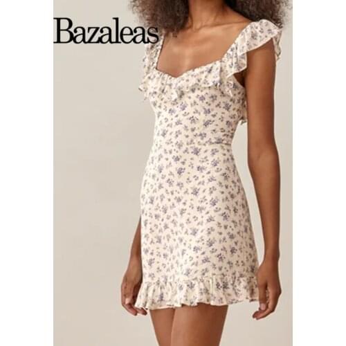 Bazaleas ruffle Floral Print Dress Retro Dresses summer elastic strap spaghetti Women Midi Dress