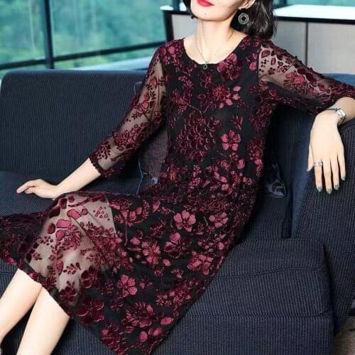 Spring Summer 3/4 Sleeve Wine Red Velvet Floral Black Mesh Dress for Women , Female Woman 4xl Slim Dobby Velour Dresses