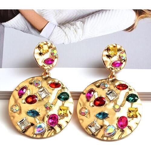 New Gold Round Metal Colorful Rhinestone Drop Earrings High-Quality Fashion Crystal Jewelry Accessories For Women Wholesale