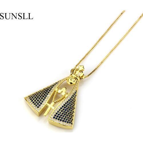 SUNSLL Gold Color Copper Blue White Cubic Zirconia Cross Pendant Necklaces Womens Fashion Jewelry CZ Colar Feminina