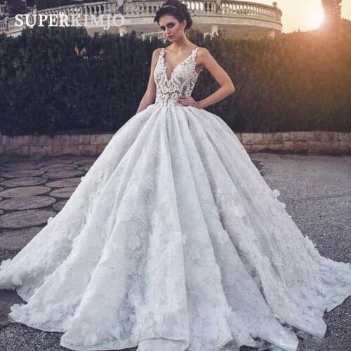 SuperKimJo Boho Wedding Dress Ball Gown Vestido De Noiva Princesa Lace Applique V Neck 3D Flowers Elegant Wedding Gowns Boda