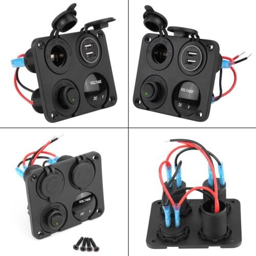 Toggle Rocker Switch Panel Digital Voltmeter Dual USB Port 12V Outlet Combination Waterproof for Car Marine Ship 4 Gang ON/OFF T