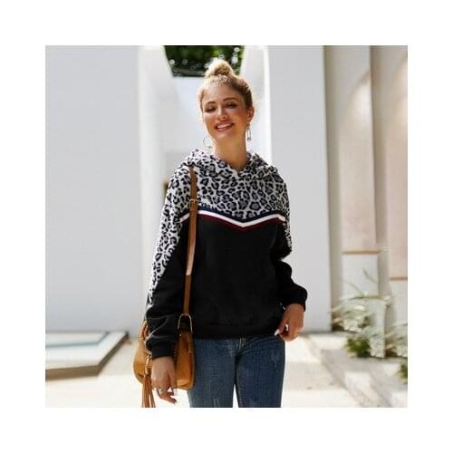 Womens Stitching Leopard Print Long-sleeved Jacket With Hat Ladies Autumn And Winter Pullover Tops Loose Long-sleeved Hoodies